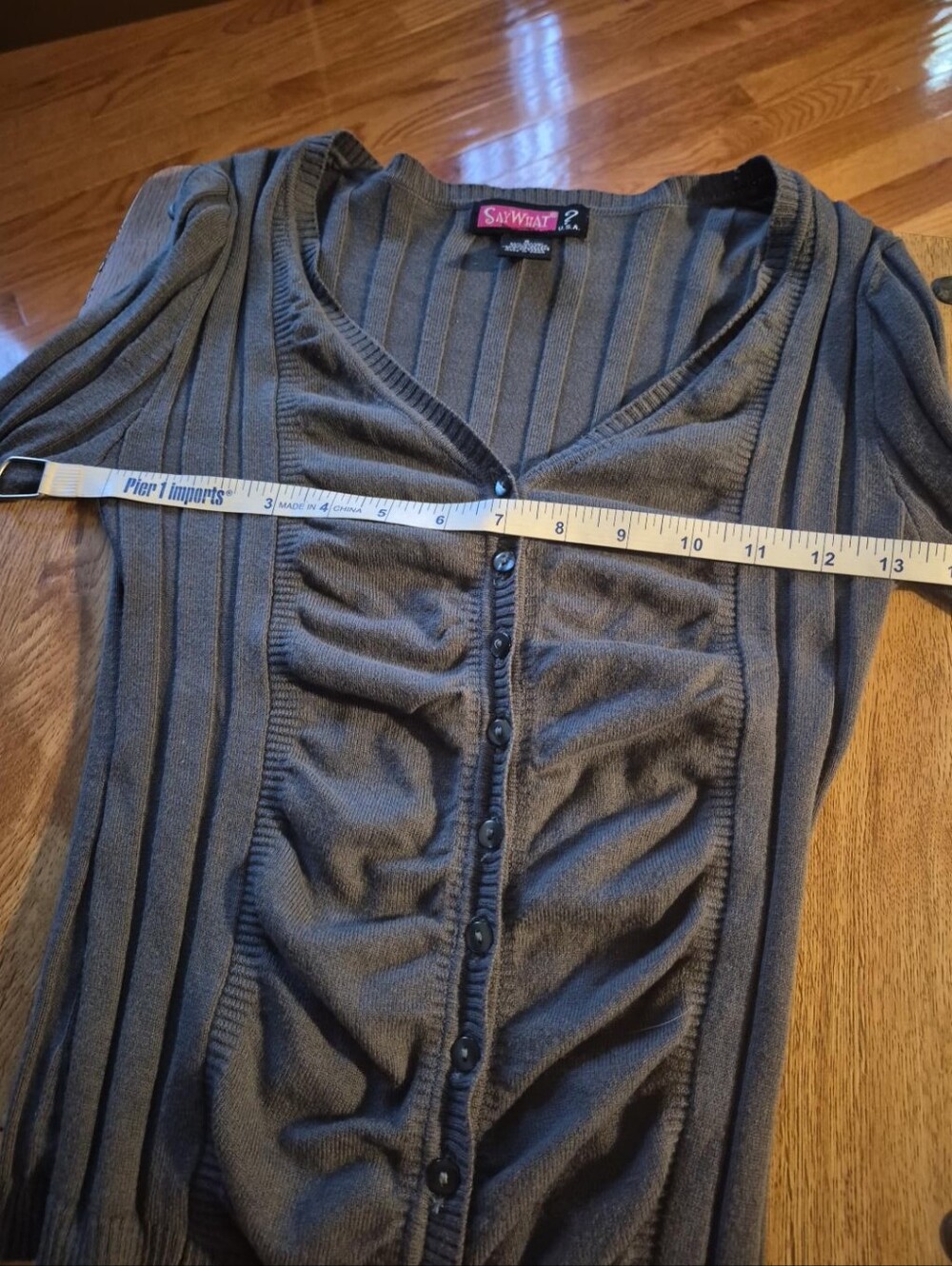 Say What? Olive Ribbed Ruched Button-Front Long Sleeve Top - Picture 6 of 7